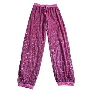 Pink Sequin Jogger Pants Women's Small Elastic Waist Drawstring Sparkle Lounge